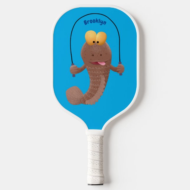 Funny skipping mudskipper fish cartoon pickleball paddle (Front)