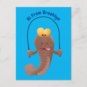 Funny skipping mudskipper fish cartoon  postcard