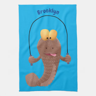 Funny skipping mudskipper fish cartoon tea towel
