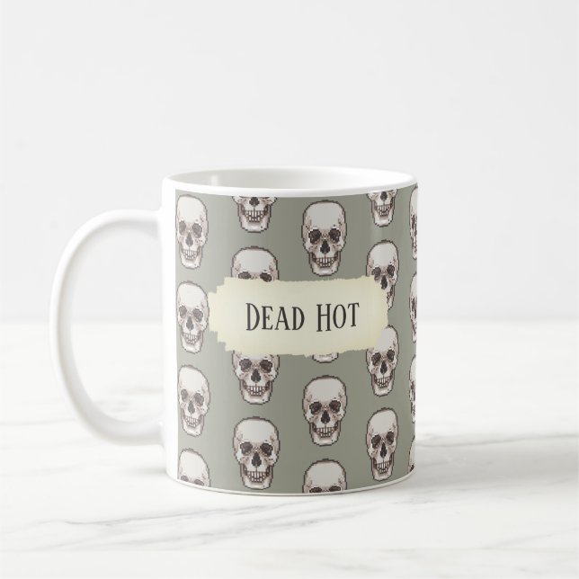 Funny Skull Dead Hot Gothic Gray Pixel Art Pattern Coffee Mug (Left)