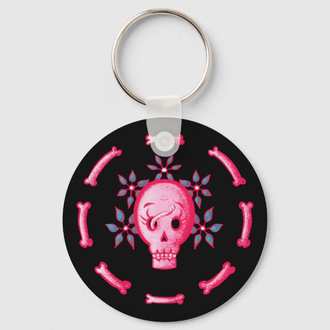 Funny Skull Design - Pink Skull with Happy Worm Key Ring (Front)