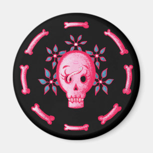 Funny Skull In Pink With Flowers And Bones Magnet