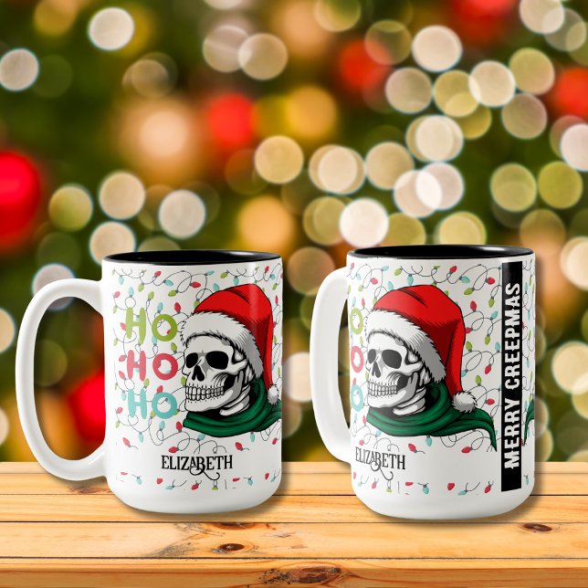 Funny Skull In Santa Hat Ho Ho Ho Christmas Two-Tone Coffee Mug (Creator Uploaded)