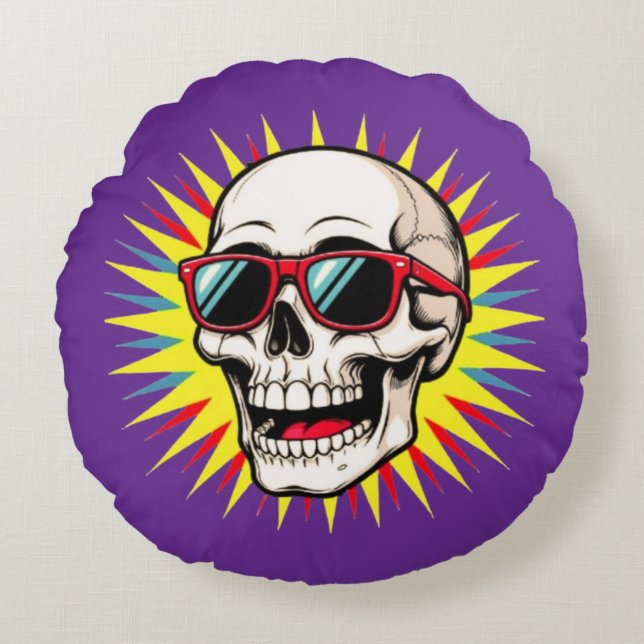 **Funny Skull With Sunglasses – Cartoon Laughing S Round Cushion (Front)