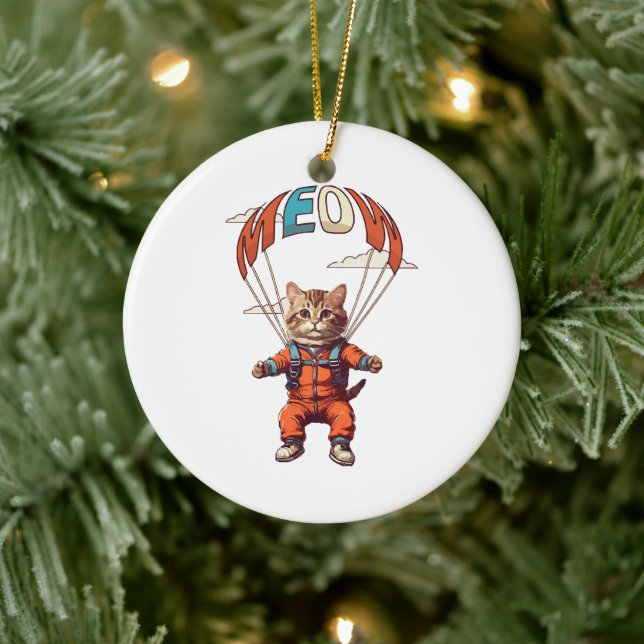 Funny Skydiving Cat Ceramic Ornament (Tree)