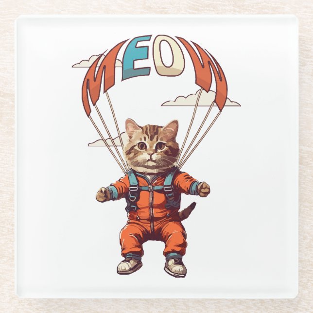 Funny Skydiving Cat Glass Coaster (Front)
