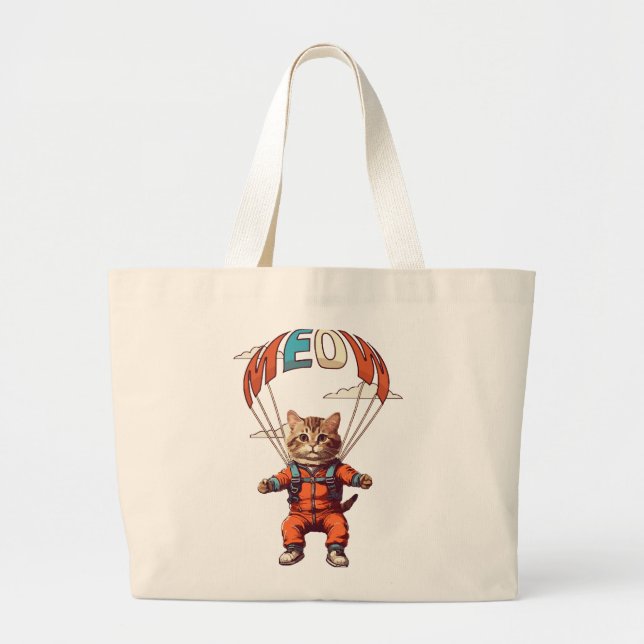 Funny Skydiving Cat Large Tote Bag (Front)
