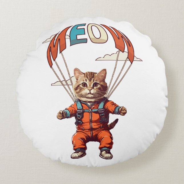 Funny Skydiving Cat Round Cushion (Front)