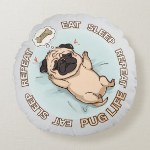 Funny Sleeping Pug Round Pillow   Eat Sleep Repeat