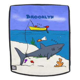 Funny sleeping shark and fishing cartoon backpack