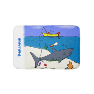 Funny sleeping shark and fishing cartoon bath mat