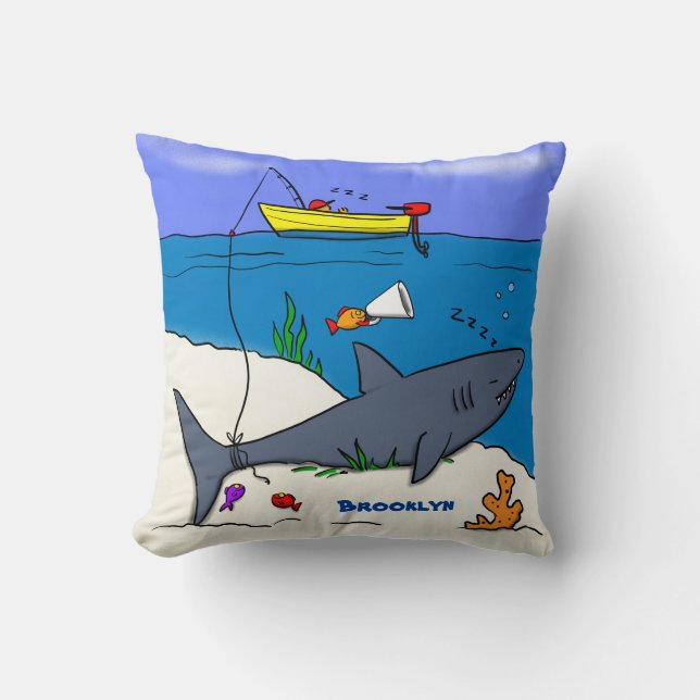 Funny sleeping shark and fishing cartoon cushion (Front)