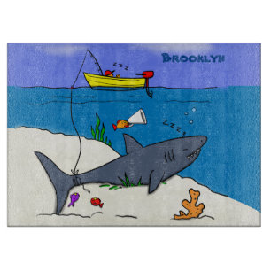 Funny sleeping shark and fishing cartoon cutting board