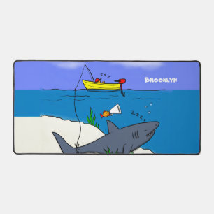 Funny sleeping shark and fishing cartoon desk mat