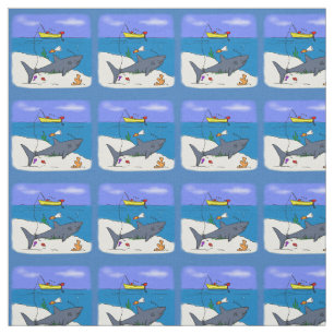 Funny sleeping shark and fishing cartoon fabric