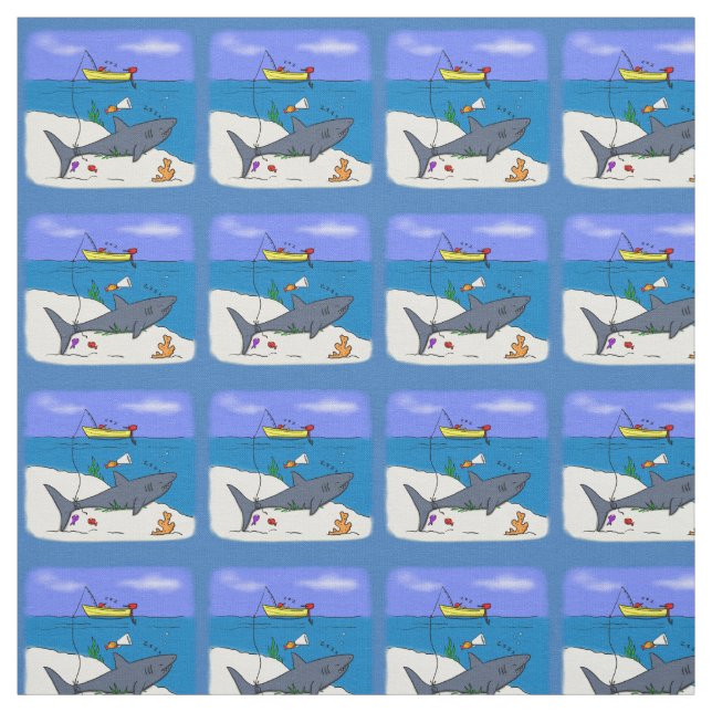 Funny sleeping shark and fishing cartoon fabric (Swatch)