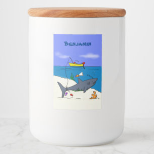 Funny sleeping shark and fishing cartoon food label