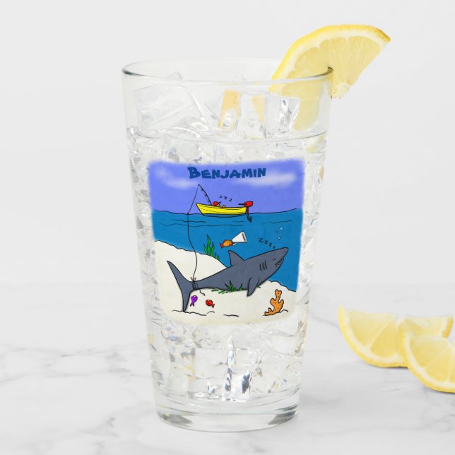 Funny sleeping shark and fishing cartoon glass (Back Ice)