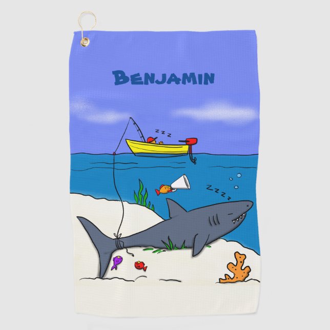 Funny sleeping shark and fishing cartoon  golf towel (Front)