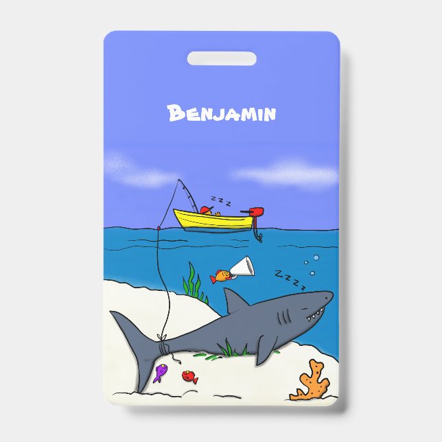 Funny sleeping shark and fishing cartoon ID badge (Front)