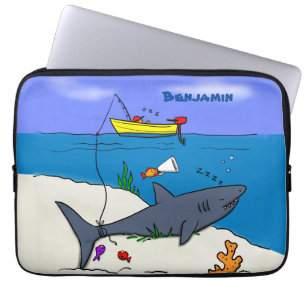 Funny sleeping shark and fishing cartoon laptop sleeve