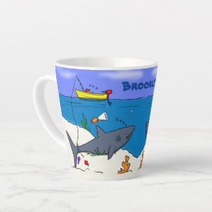 Funny sleeping shark and fishing cartoon latte mug
