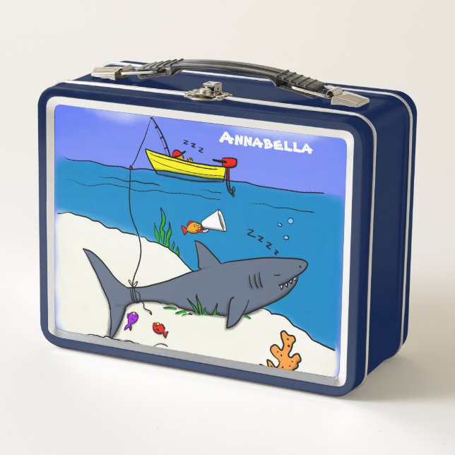 Funny sleeping shark and fishing cartoon metal lunch box (Front)
