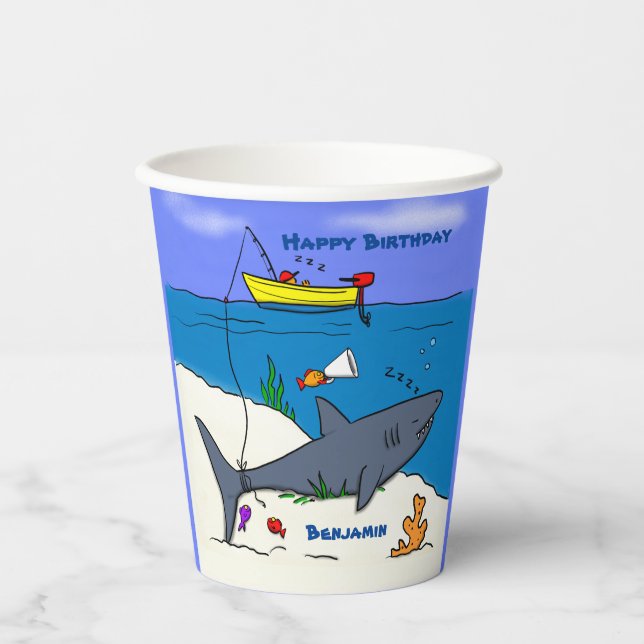 Funny sleeping shark and fishing cartoon paper cups (Front)