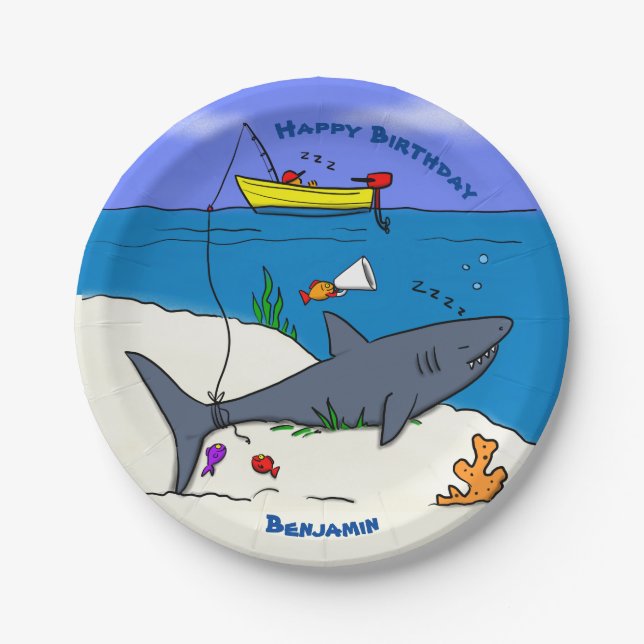 Funny sleeping shark and fishing cartoon paper plate (Front)