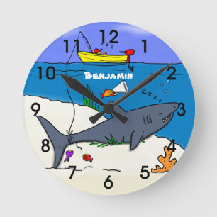 Funny sleeping shark and fishing cartoon round clock