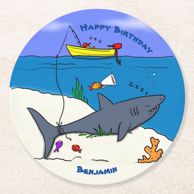 Funny sleeping shark and fishing cartoon  round paper coaster (Front)