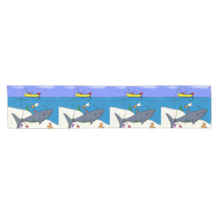 Funny sleeping shark and fishing cartoon short table runner