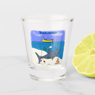 Funny sleeping shark and fishing cartoon shot glass