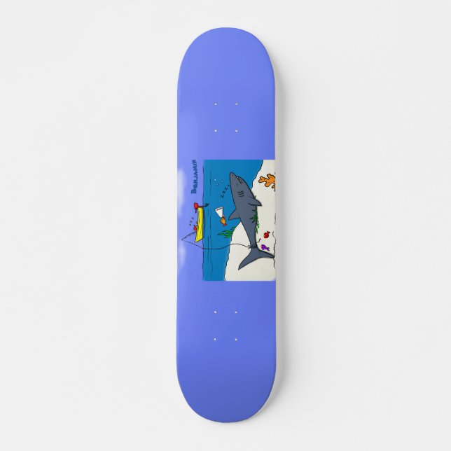 Funny sleeping shark and fishing cartoon skateboard (Front)