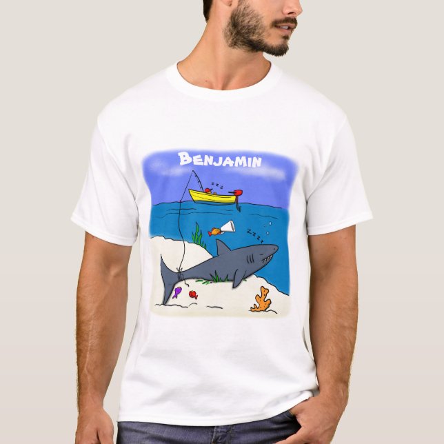 Funny sleeping shark and fishing cartoon T-Shirt (Front)