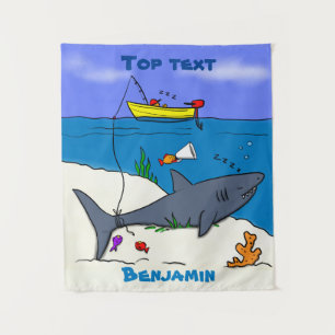 Funny sleeping shark and fishing cartoon  tapestry