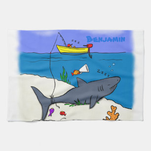 Funny sleeping shark and fishing cartoon tea towel