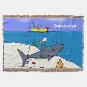Funny sleeping shark and fishing cartoon throw blanket