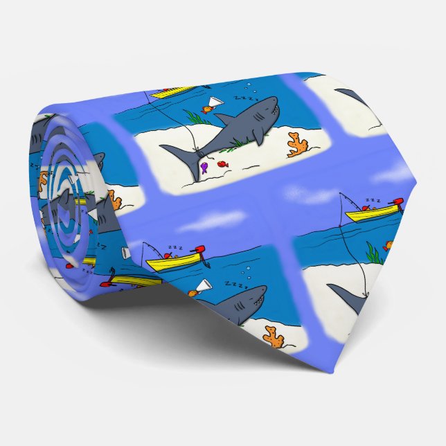 Funny sleeping shark and fishing cartoon tie (Rolled)