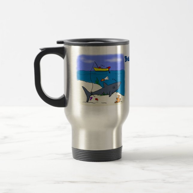 Funny sleeping shark and fishing cartoon travel mug (Left)