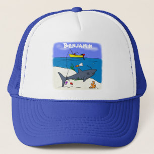 Funny sleeping shark and fishing cartoon trucker hat