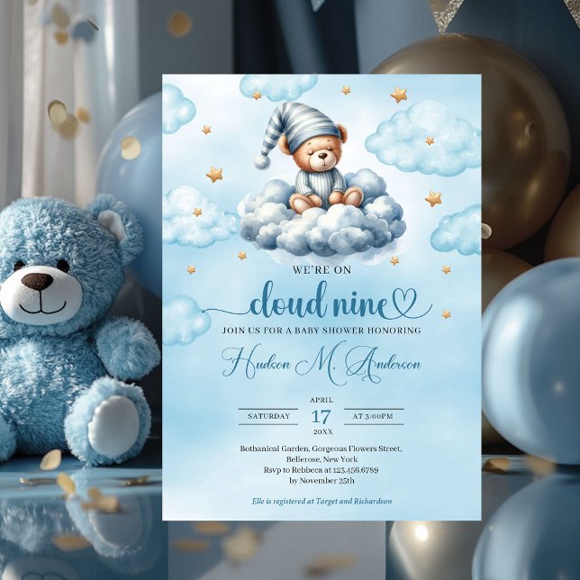 Funny sleeping teddy bear cloud nine Baby Shower Invitation (blue and gold we're on cloud nine boy baby shower invitation)