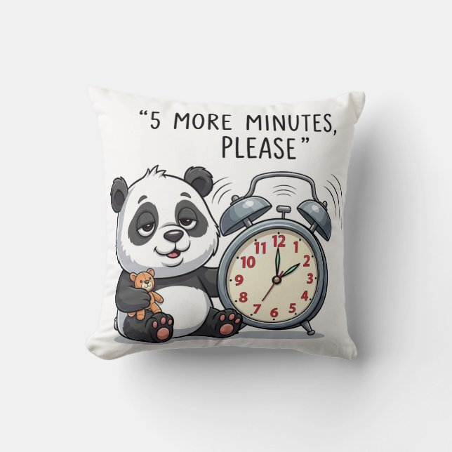 Funny Sleepy Panda Illustration with Alarm Clock  Cushion (Front)
