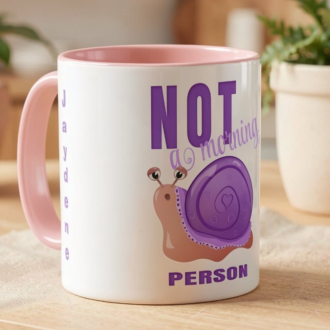 Funny Sleepy Snail With Purple Shell Coffee Mug (Snail pace mornings? This mug gets it. Original hand drawn art. Customize it with your own name.)