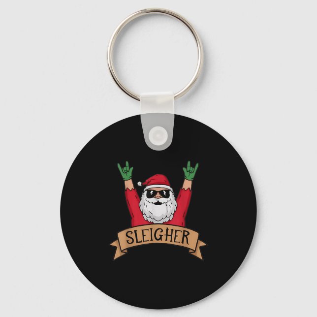 Funny Sleigher Rock N Roll Santa Claus Christmas  Key Ring (Front)