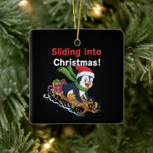 Funny Sliding into Christmas Cute Penguin Sleddin Ceramic Ornament