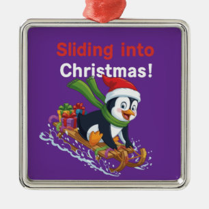 Funny Sliding into Christmas Cute Penguin Sleddin Metal Ornament