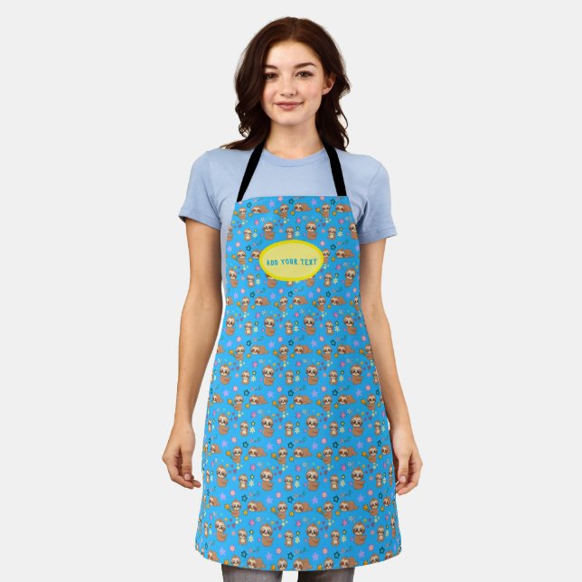Funny Sloth Blue Pattern | Add Your Text Template Apron (Worn)