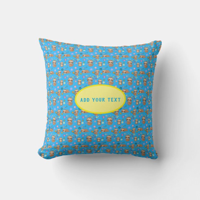 Funny Sloth Blue Pattern | Add Your Text Template Cushion (Front)