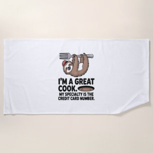 Funny Sloth Cook Hanging on a Fork Beach Towel